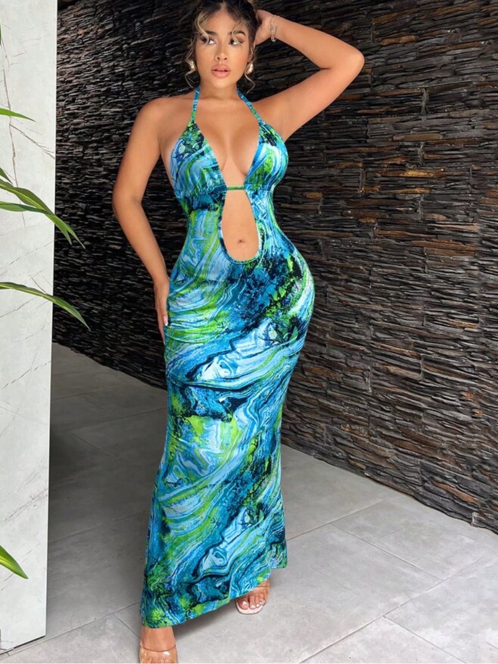 SHEIN Blue Green Marble Halter Cutout Maxi Dress